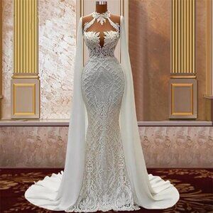 IS-NWT US8 Sexy Mermaid High NeckLace Crystal Pearls Weddding Dresses-WD308